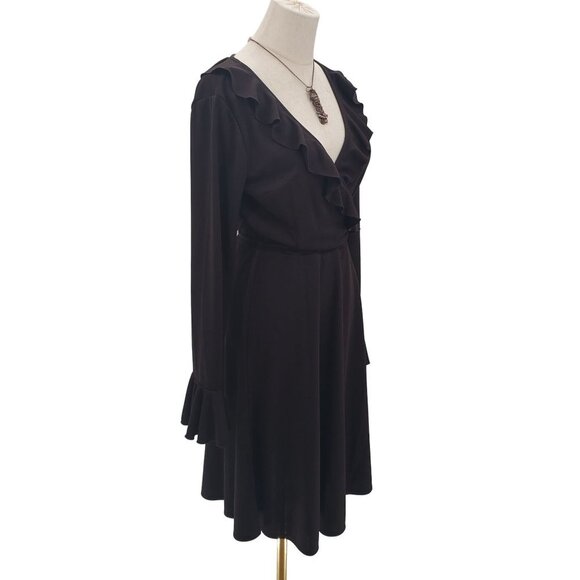 Express Womens Long Bell Sleeve Surplice Ruffle Dress Sz 5/6 Brown Midi V-Neck - Picture 2 of 14